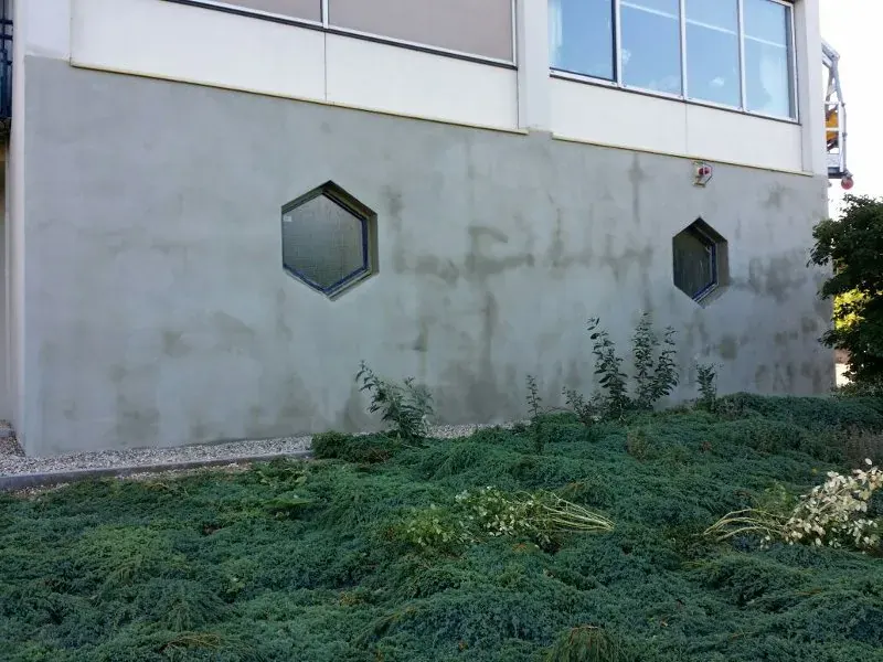 Gestucte gevel met twee zeshoekige ramen aan de voet van een kantoorgebouw, met lage beplanting ervoor.
