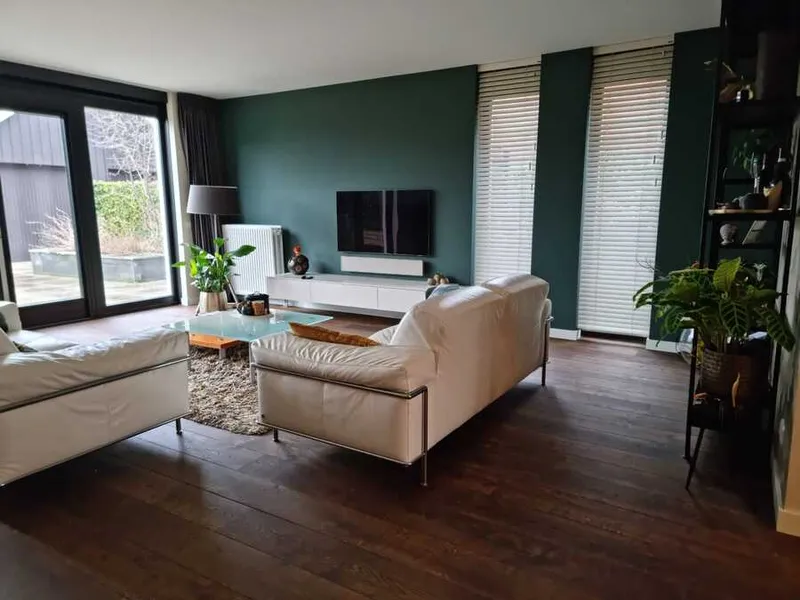 Hoek van een woonkamer met een strak afgewerkte donkergroene wand, een witte bank en een houten vloer.